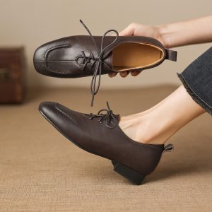 Deep Mouth Flat Shoes with Bow Low Chunky Heel - Style a.html