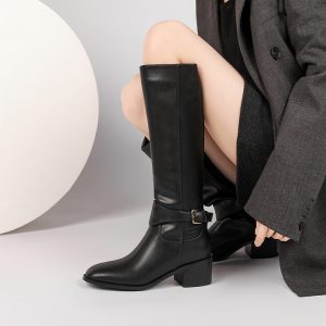 Women's Black Square Toe High Shaft Moto Boots with Buckle and Metal Details