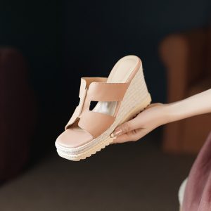 Women's Ethnic Style High Heel Slippers with Leather Upper