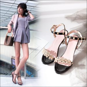 Women's Korean Style Low-Top Hollow Out Sandals with Rivets and Mid Heel