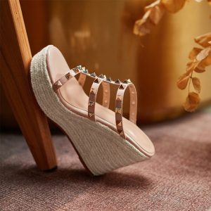Women's Platform Wedge Slippers with T-Strap and Studded Roman Style